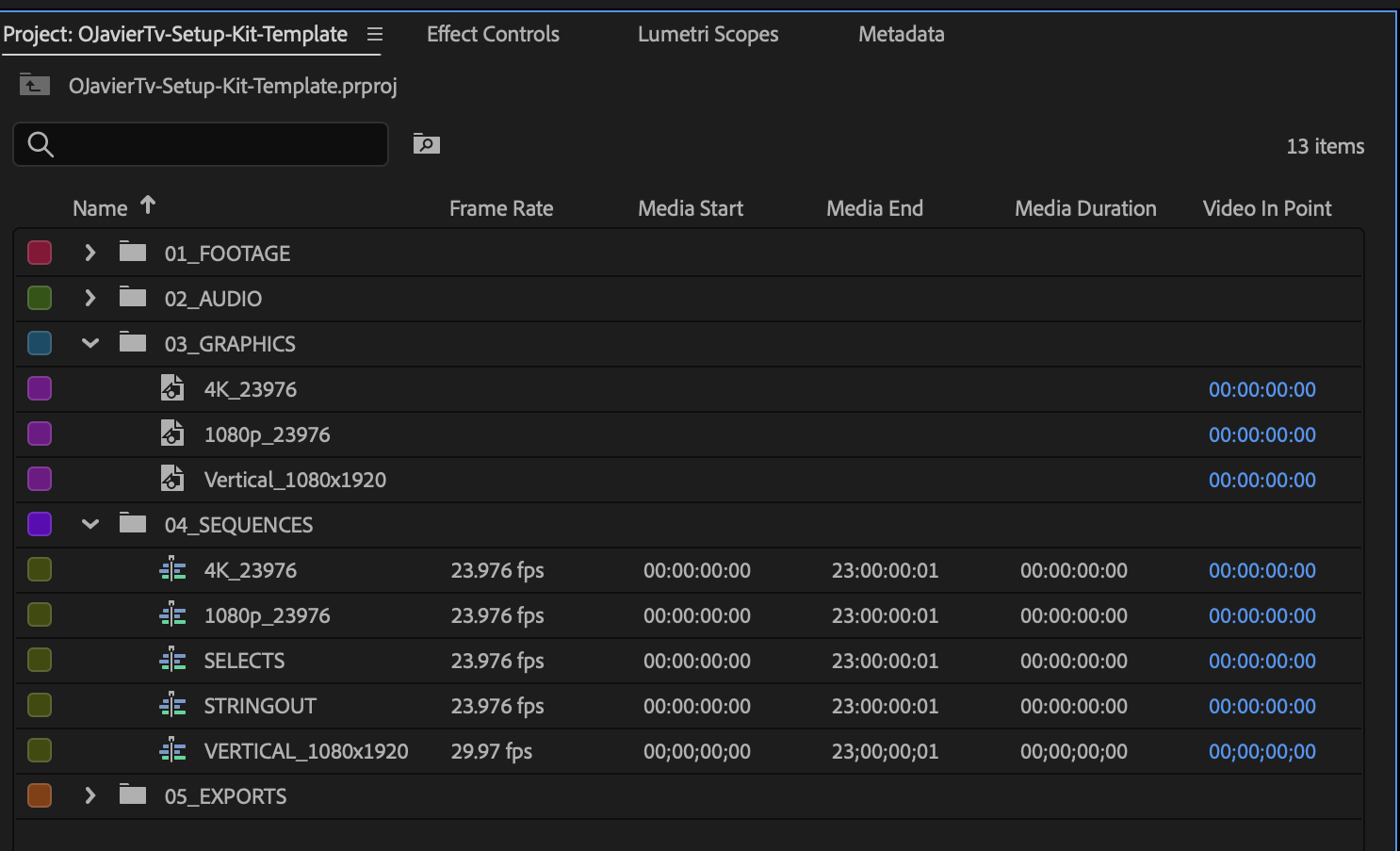 The kit's Premiere project panel: five bins named 01_FOOTAGE through 05_EXPORTS with label colours, three adjustment layers under 03_GRAPHICS, and five sequences including VERTICAL_1080x1920 running at 29.97 fps.